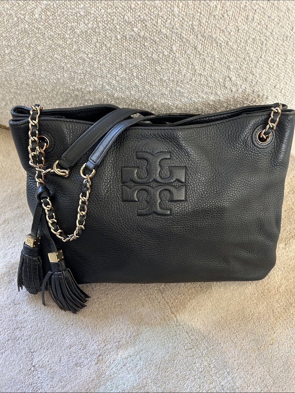 Tory Burch Black Pebbled Leather Tassel Shoulder Bag